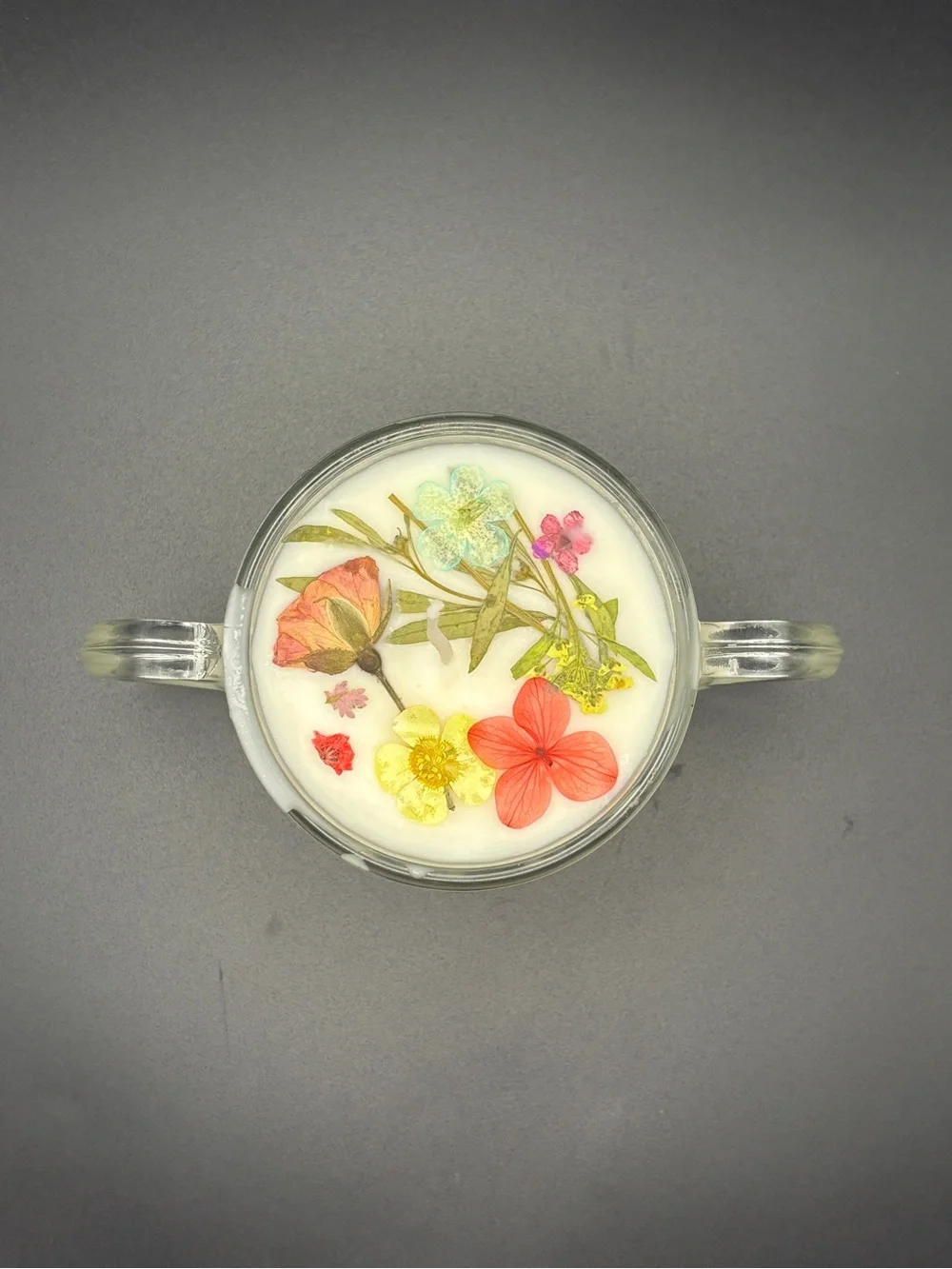 Handmade White Floral Soy Candle in Clear Glass Double-Handled Cup